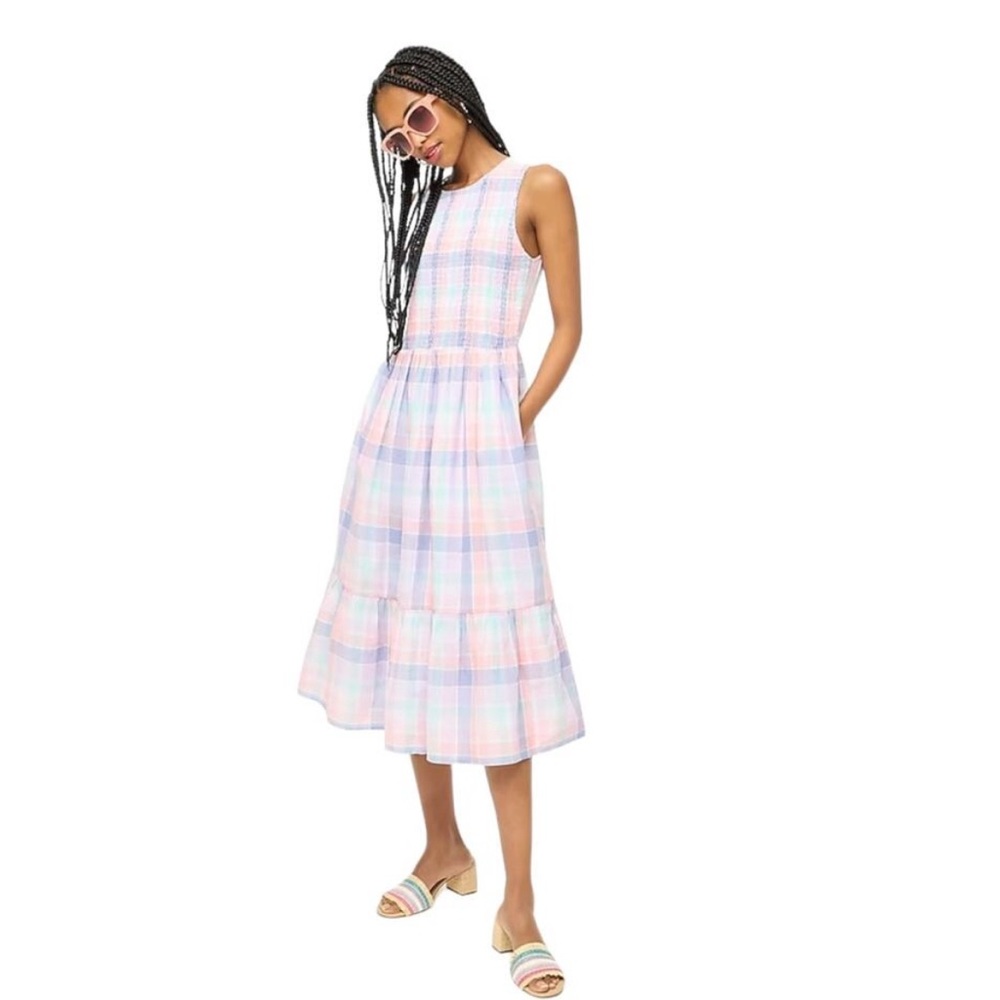 J. Crew Factory 100% Cotton Smocked Summer Plaid Midi Dress - Size Petite MEDIUM